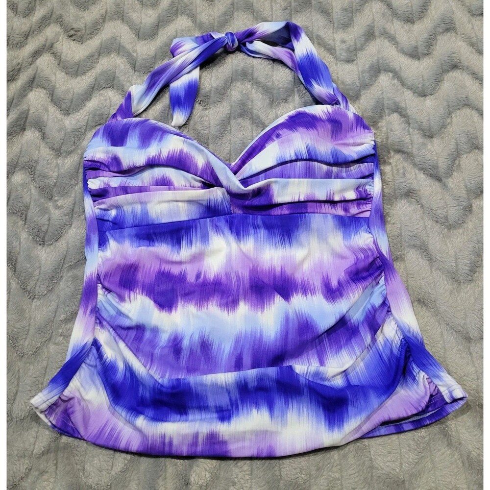Miraclesuit Womens Size 12 Blue Purple Striped Tie Halter Tankini Swimsuit Top